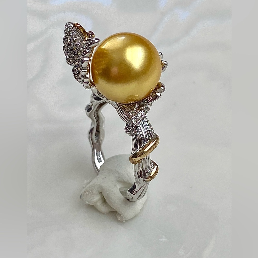 R25- Premium Round Deep Gold South Sea Pearl 11.8 mm s925 Butterfly Ring - Picture 4 of 9
